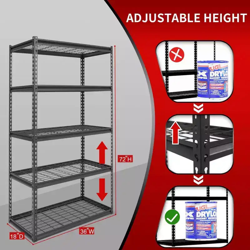 5-Tier 36x18x72" Steel Boltless Shelving with Wire Deck - Dark Gray