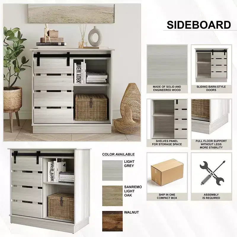 Farmhouse Sliding Barn Door Sideboard Cabinet with 4 Shelves