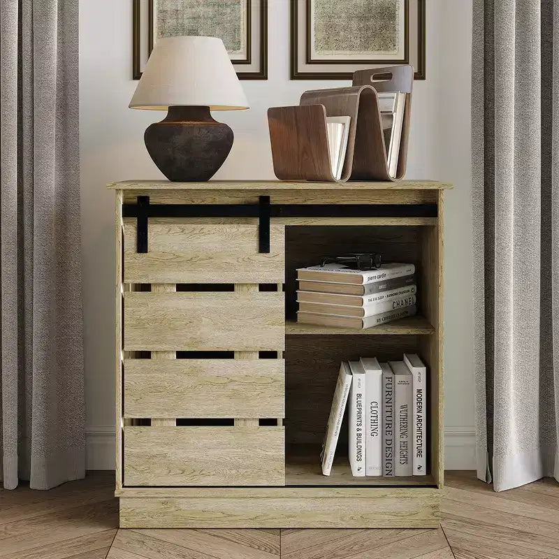 Farmhouse Sliding Barn Door Sideboard Cabinet with 4 Shelves