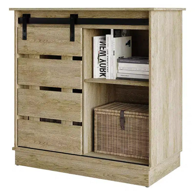 Farmhouse Sliding Barn Door Sideboard Cabinet with 4 Shelves