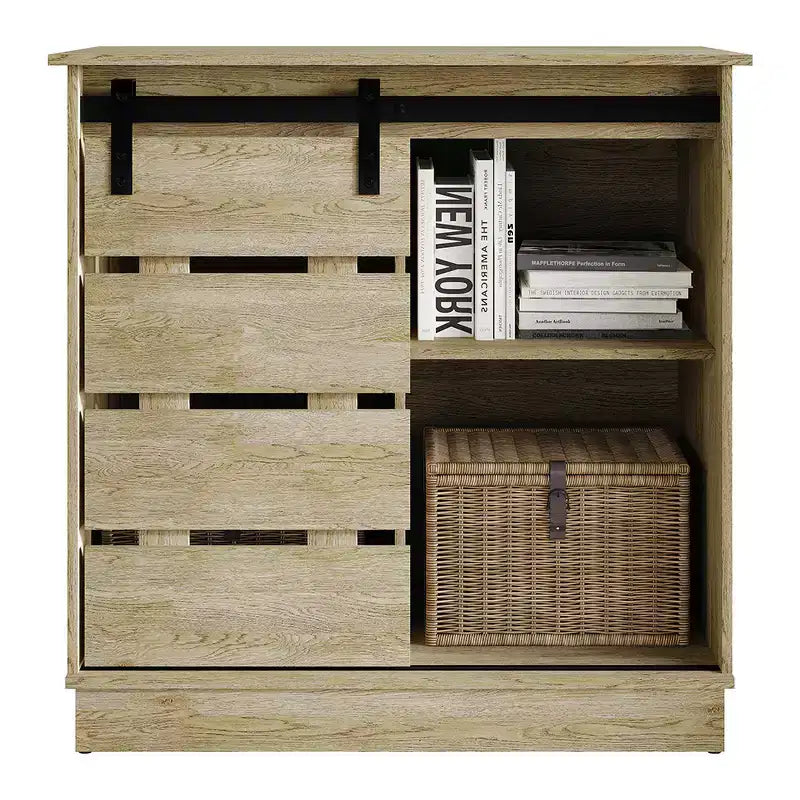 Farmhouse Sliding Barn Door Sideboard Cabinet with 4 Shelves