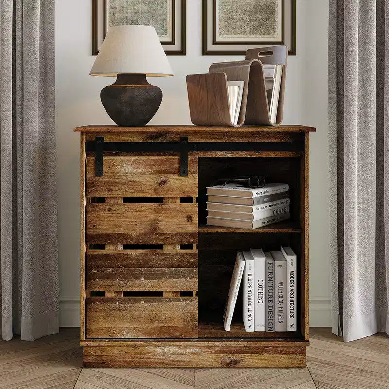 Farmhouse Sliding Barn Door Sideboard Cabinet with 4 Shelves