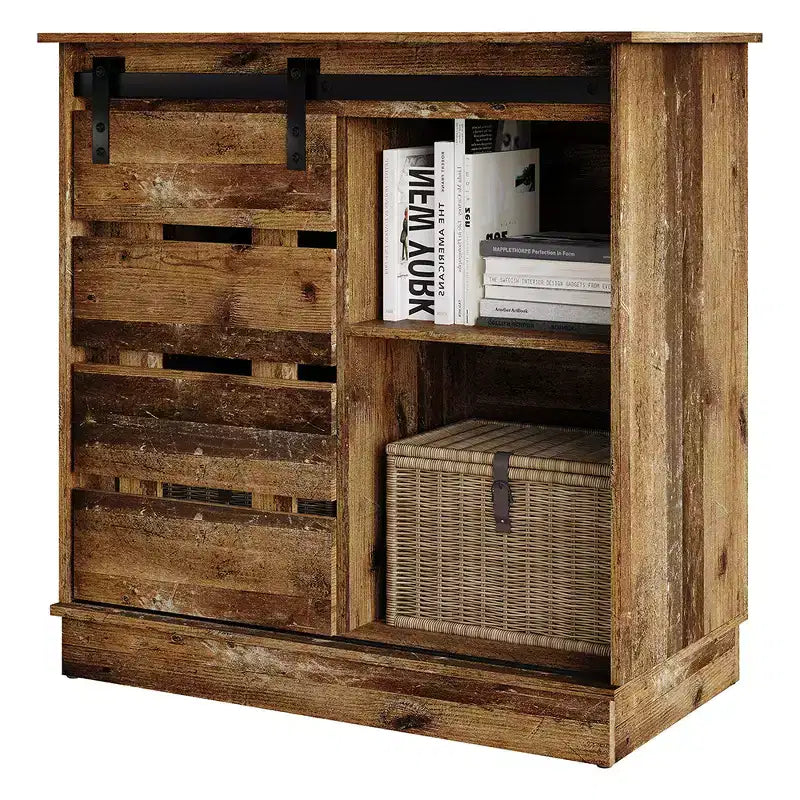 Farmhouse Sliding Barn Door Sideboard Cabinet with 4 Shelves