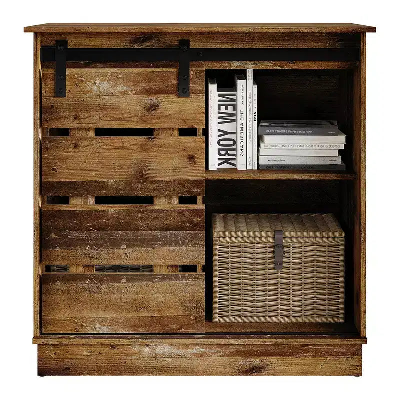 Farmhouse Sliding Barn Door Sideboard Cabinet with 4 Shelves