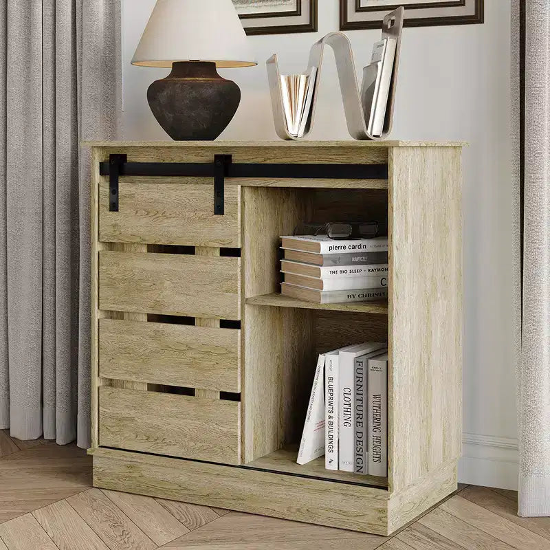 Farmhouse Sliding Barn Door Sideboard Cabinet with 4 Shelves