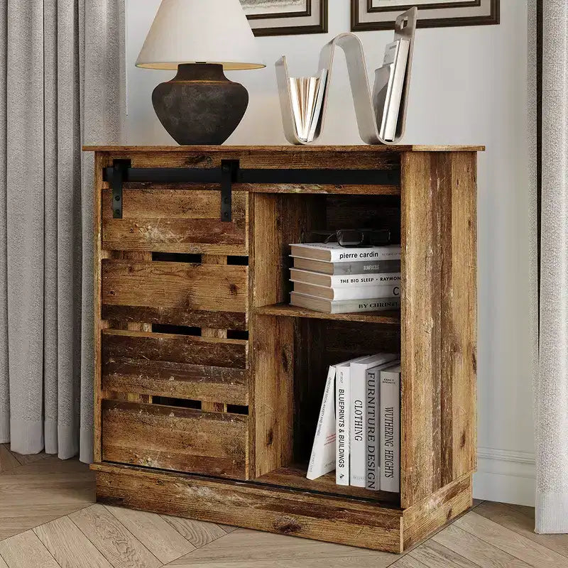 Farmhouse Sliding Barn Door Sideboard Cabinet with 4 Shelves