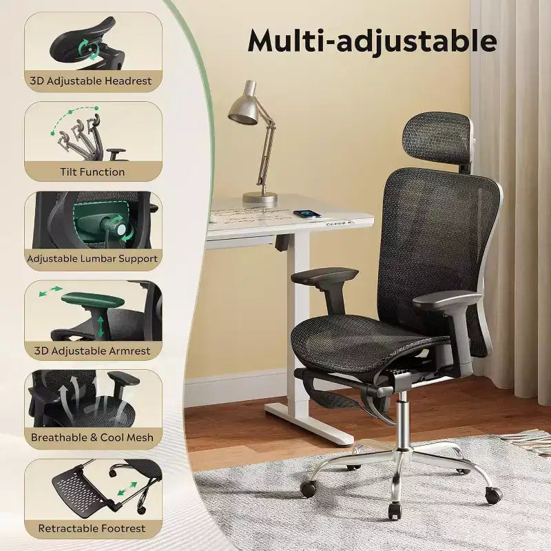 High Back Ergonomic Mesh Office Chair with Retractable Footrest and Adjustable Lumbar - Black