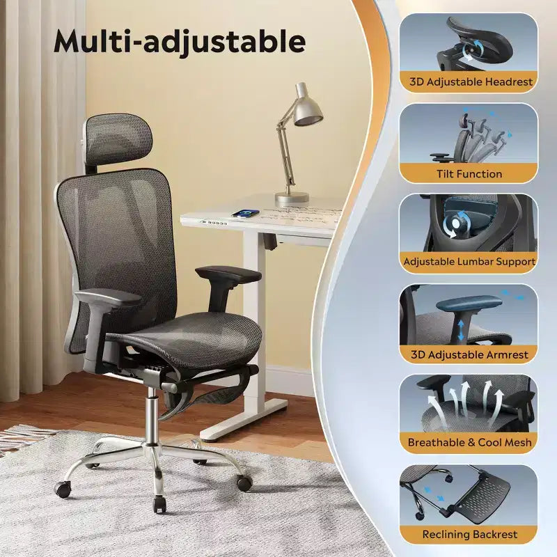 High Back Ergonomic Mesh Office Chair with Retractable Footrest and Adjustable Lumbar - Black