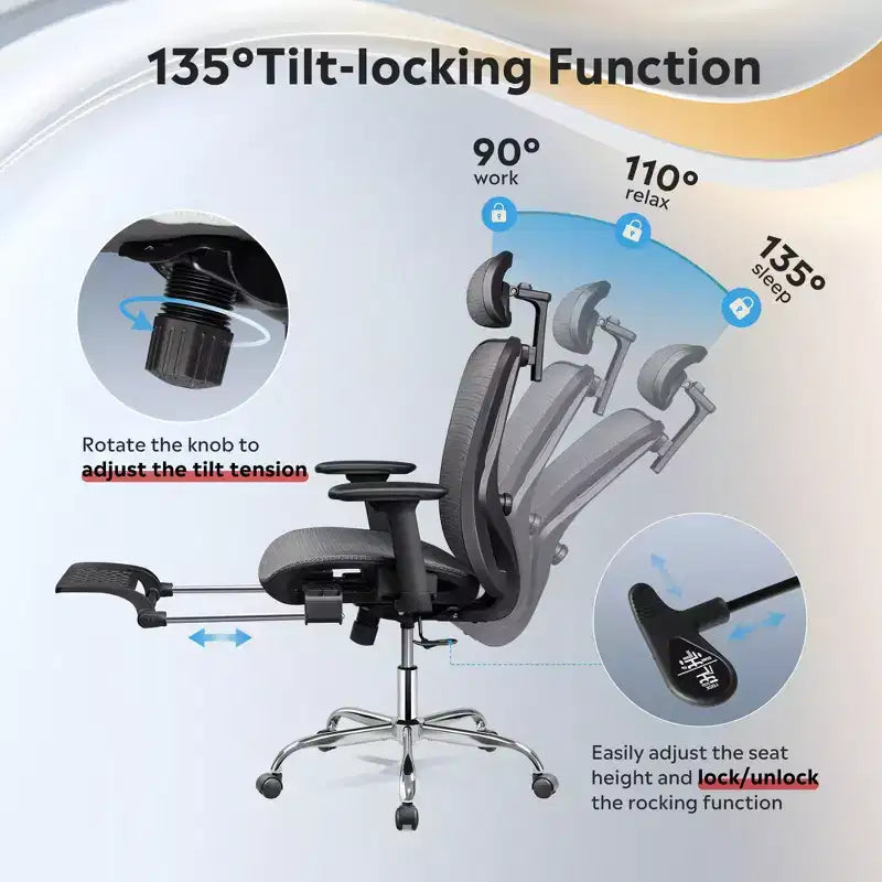 High Back Ergonomic Mesh Office Chair with Retractable Footrest and Adjustable Lumbar - Black