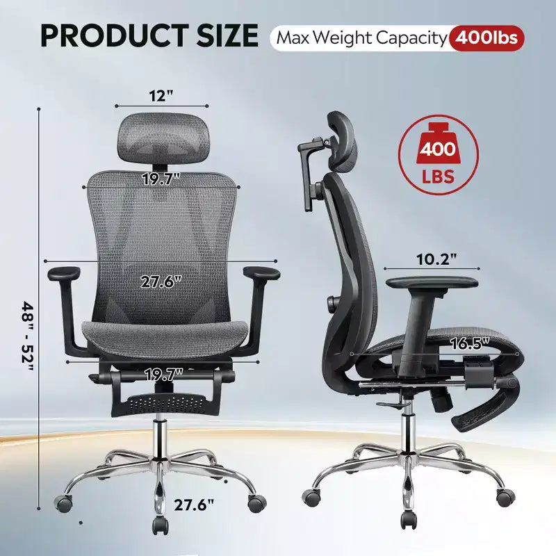 High Back Ergonomic Mesh Office Chair with Retractable Footrest and Adjustable Lumbar - Black