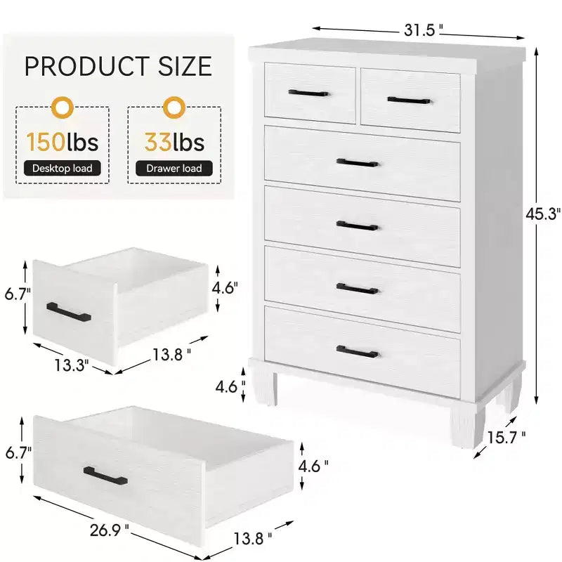 45" Tall 6 Drawer Wooden Dresser Chest - Grey