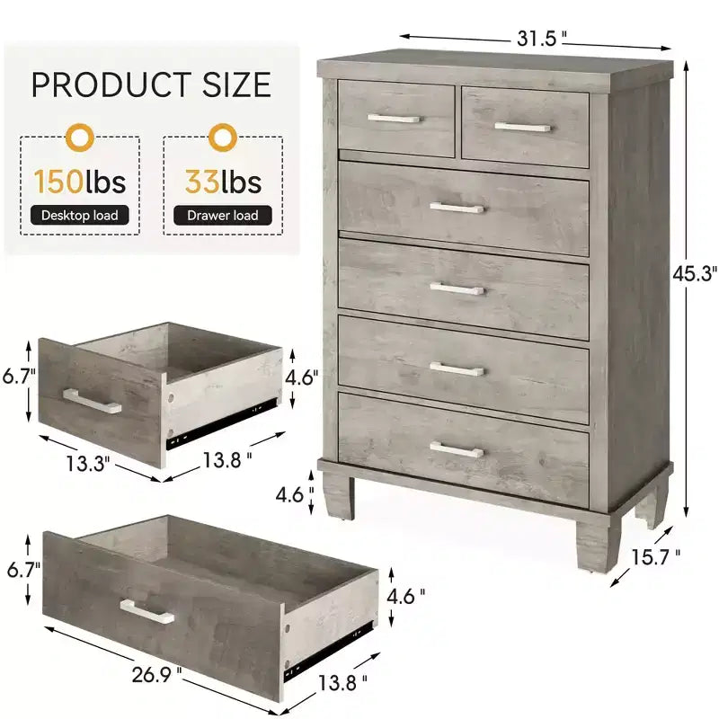45" Tall 6 Drawer Wooden Dresser Chest - Grey