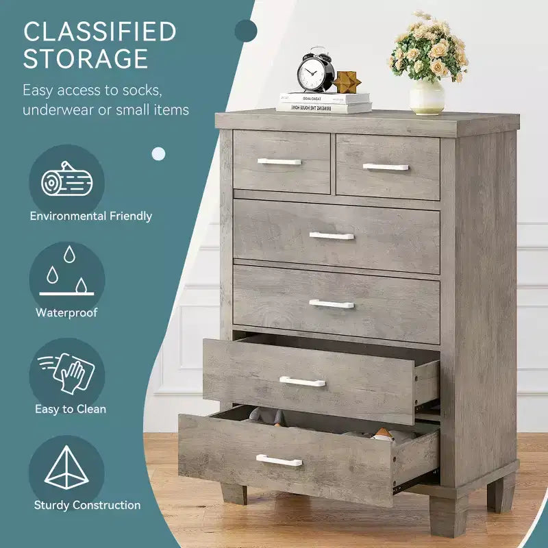 45" Tall 6 Drawer Wooden Dresser Chest - Grey