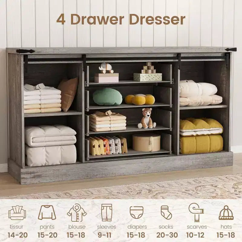 59" Farmhouse 4 Drawer Dresser with Sliding Barn Doors