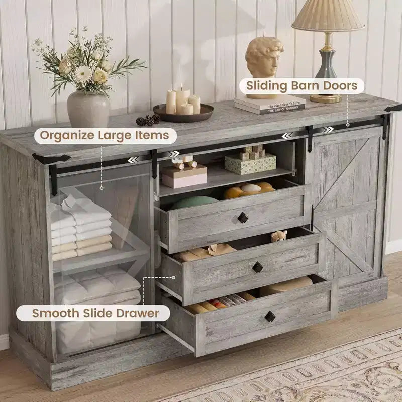59" Farmhouse 4 Drawer Dresser with Sliding Barn Doors