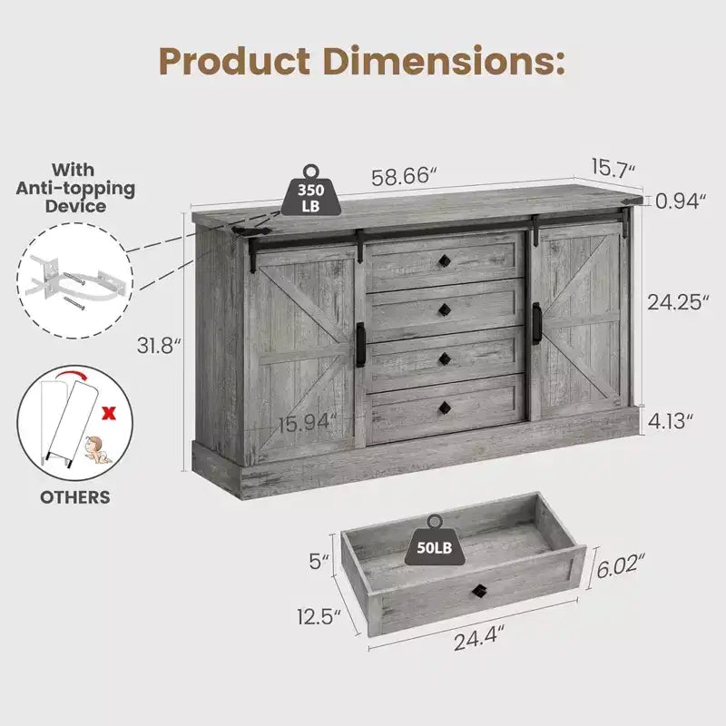 59" Farmhouse 4 Drawer Dresser with Sliding Barn Doors