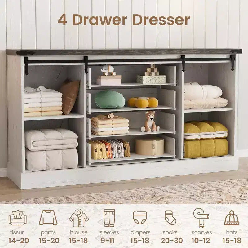 59" Farmhouse 4 Drawer Dresser with Sliding Barn Doors