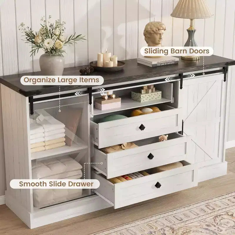 59" Farmhouse 4 Drawer Dresser with Sliding Barn Doors