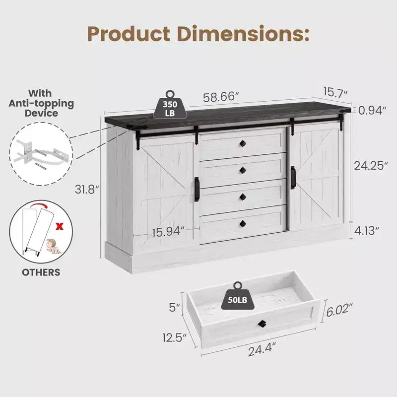 59" Farmhouse 4 Drawer Dresser with Sliding Barn Doors
