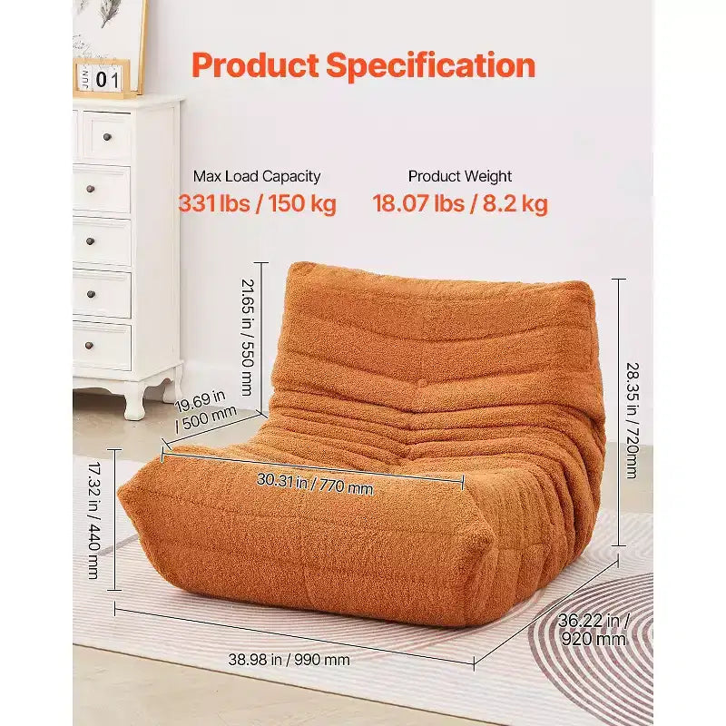 L-Shaped Memory Foam Bean Bag Chair with Storage Pocket - Brown