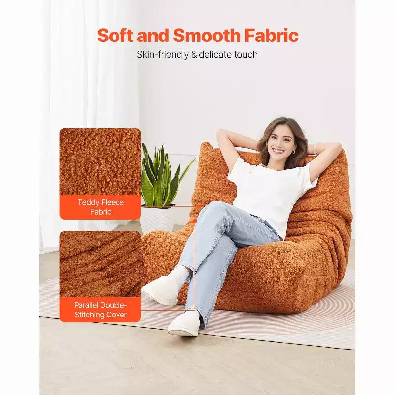 L-Shaped Memory Foam Bean Bag Chair with Storage Pocket - Brown