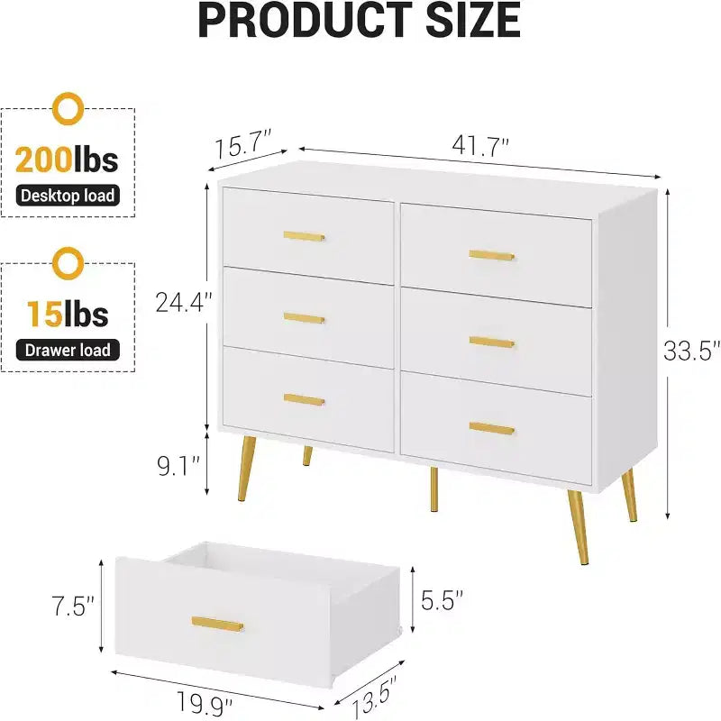 6 Drawer Wooden Dresser with Metal Handles