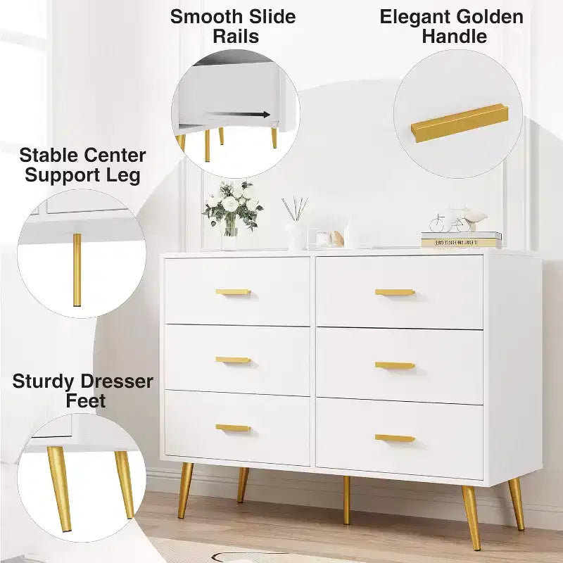 6 Drawer Wooden Dresser with Metal Handles