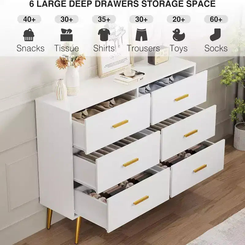 6 Drawer Wooden Dresser with Metal Handles
