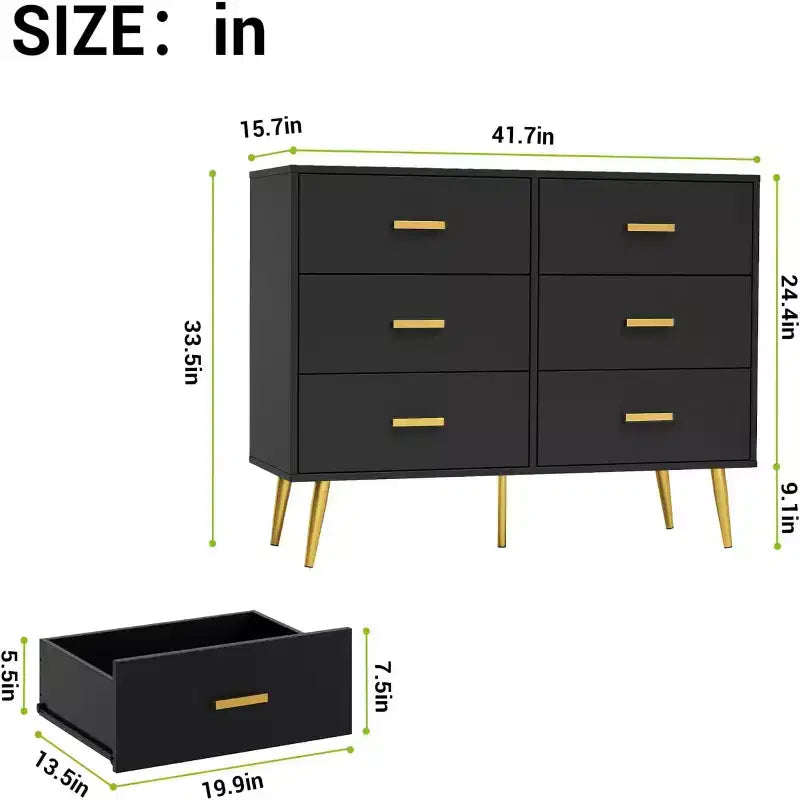 6 Drawer Wooden Dresser with Metal Handles