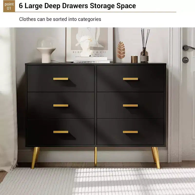 6 Drawer Wooden Dresser with Metal Handles