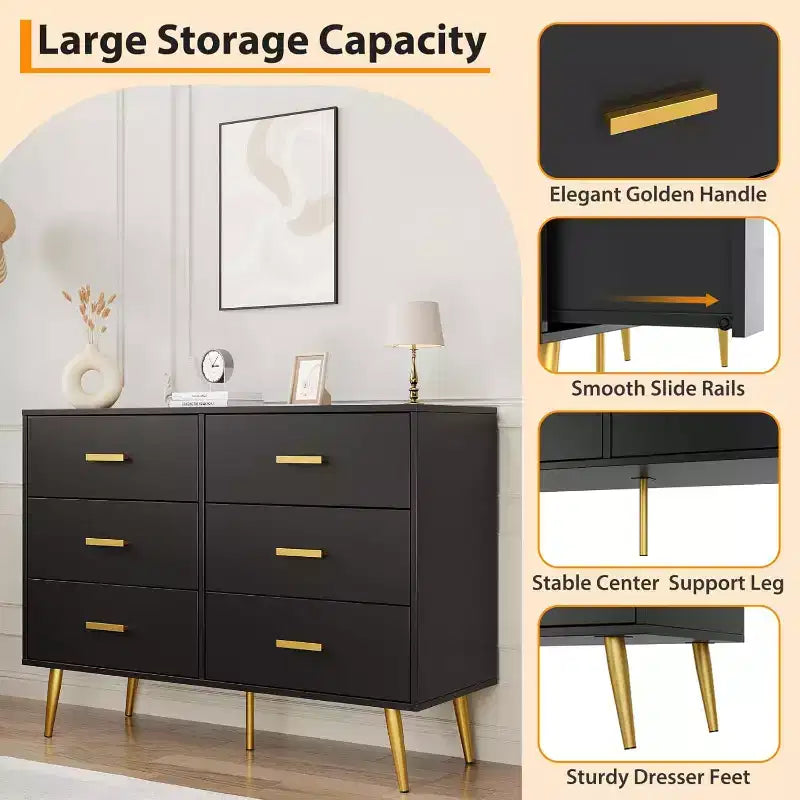 6 Drawer Wooden Dresser with Metal Handles