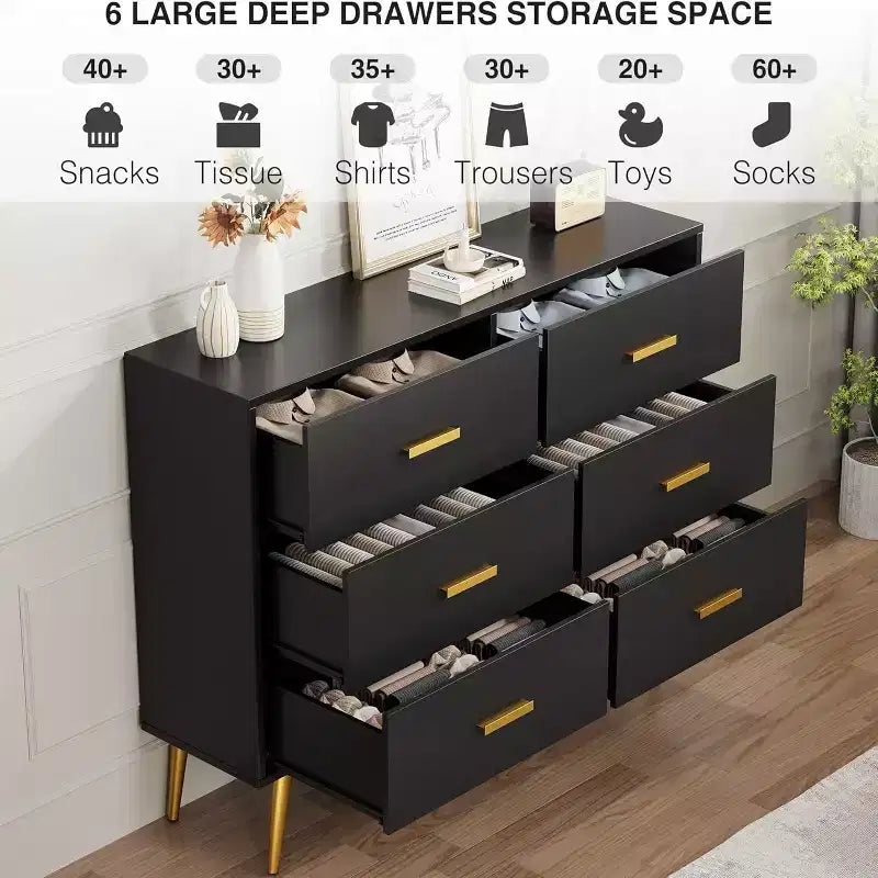 6 Drawer Wooden Dresser with Metal Handles