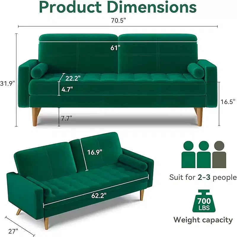 68" Mid-Century Modern 3-Seater Velvet Sofa
