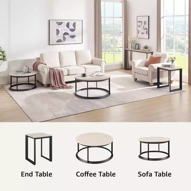 Round Coffee Table with Triangular Metal Frame