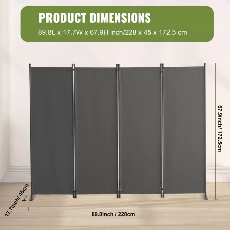 4-Panel Folding Fabric Room Divider - Light Gray