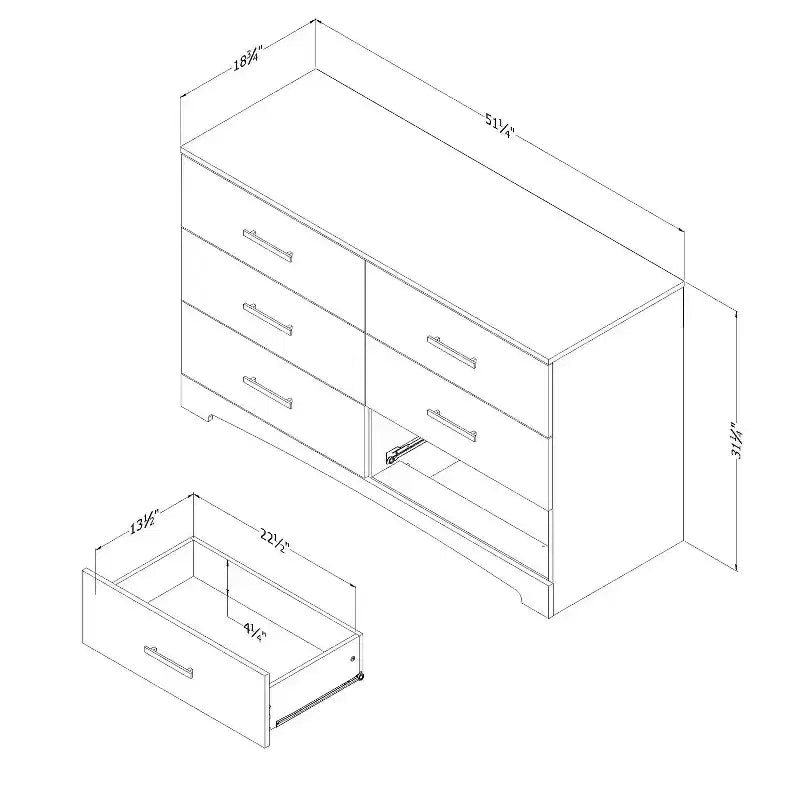 6 Drawer Horizontal Dresser - White