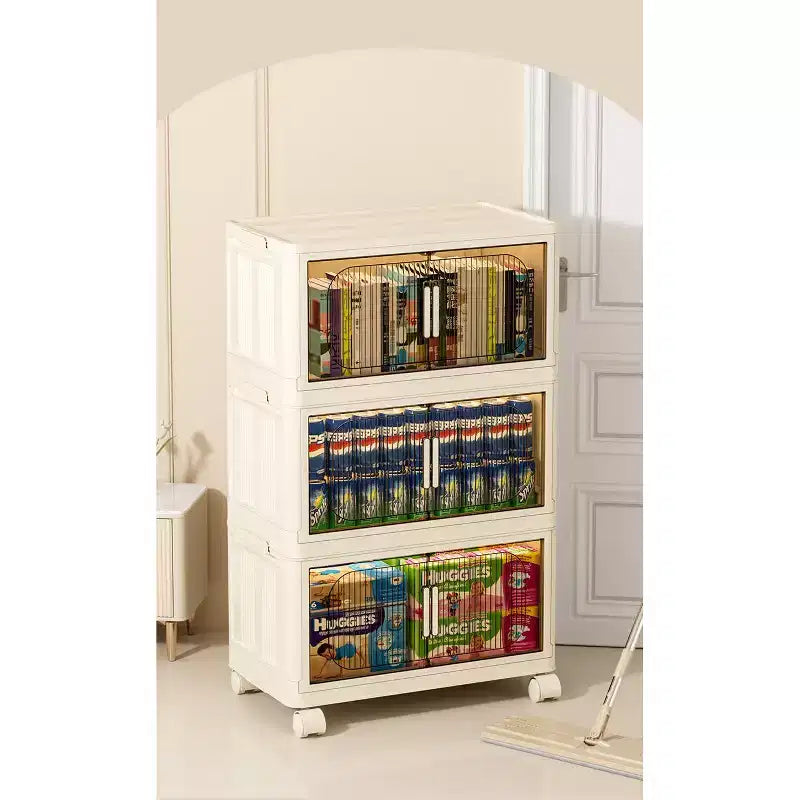 3 Tier Plastic Folding Storage Cabinet with Magnetic Door and Wheels - White