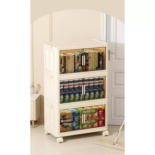 Meuble de rangement pliable en plastique à 3 niveaux avec porte magnétique et roulettes - Blanc