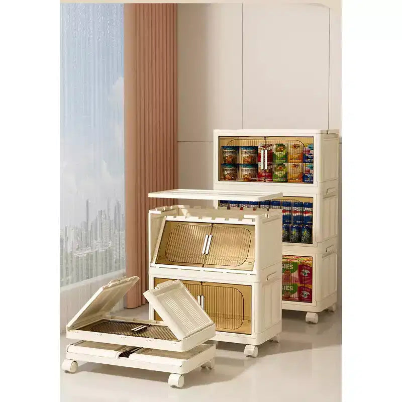 3 Tier Plastic Folding Storage Cabinet with Magnetic Door and Wheels - White