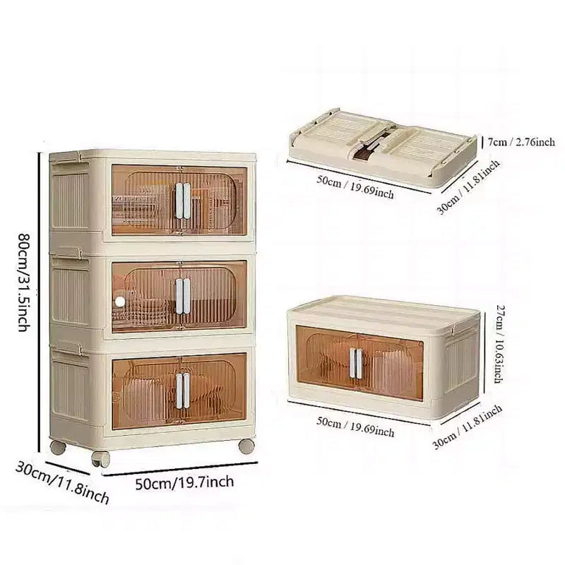 3 Tier Plastic Folding Storage Cabinet with Magnetic Door and Wheels - White