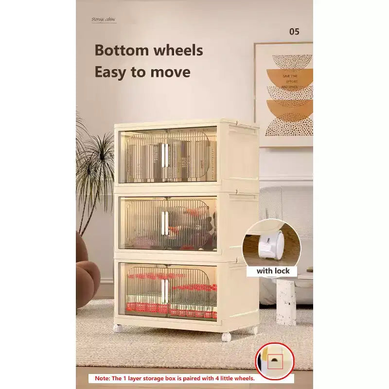 3 Tier Plastic Folding Storage Cabinet with Magnetic Door and Wheels - White