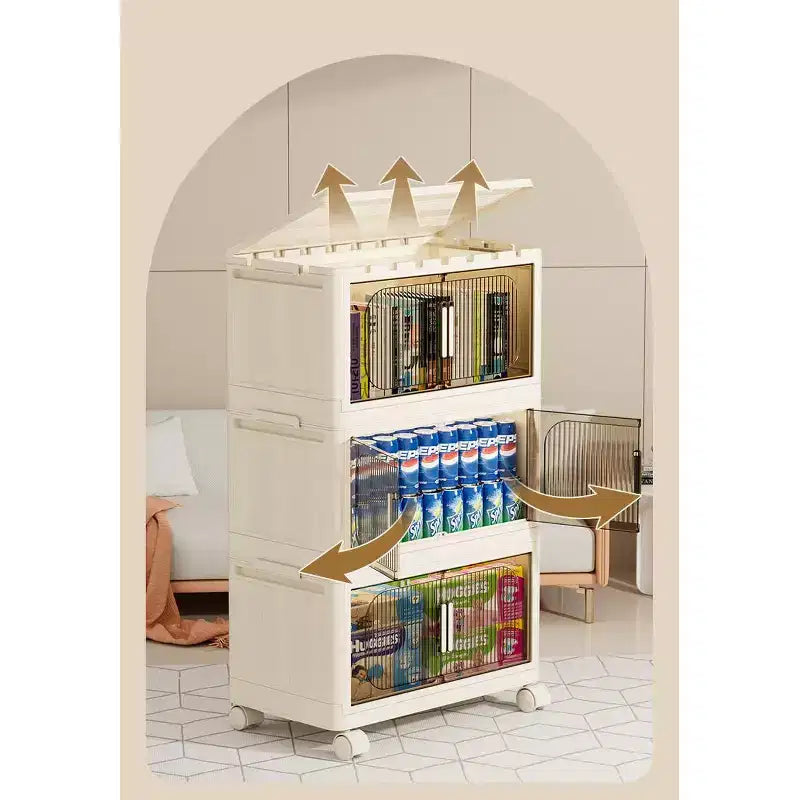 3 Tier Plastic Folding Storage Cabinet with Magnetic Door and Wheels - White