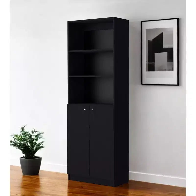 71" Black Five Tier Bookcase with Two Doors