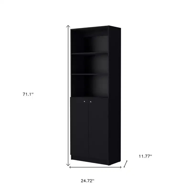 71" Black Five Tier Bookcase with Two Doors