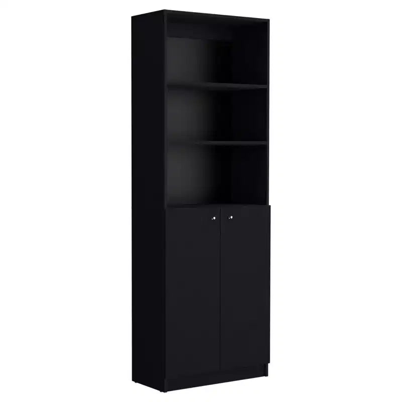 71" Black Five Tier Bookcase with Two Doors