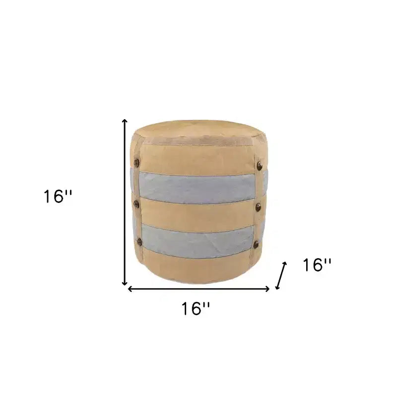 16" Tan Cotton Cylinder Striped Pouf Ottoman
