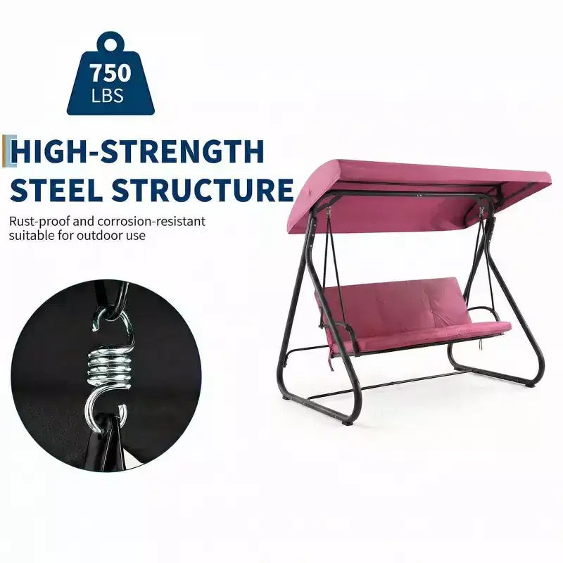 3-Seat Outdoor Convertible Swing Glider, Adjustable Canopy, Heavy-Duty Metal Frame, 750 LBS Weight Capacity, Removable Cushions, for Patio, Backyard