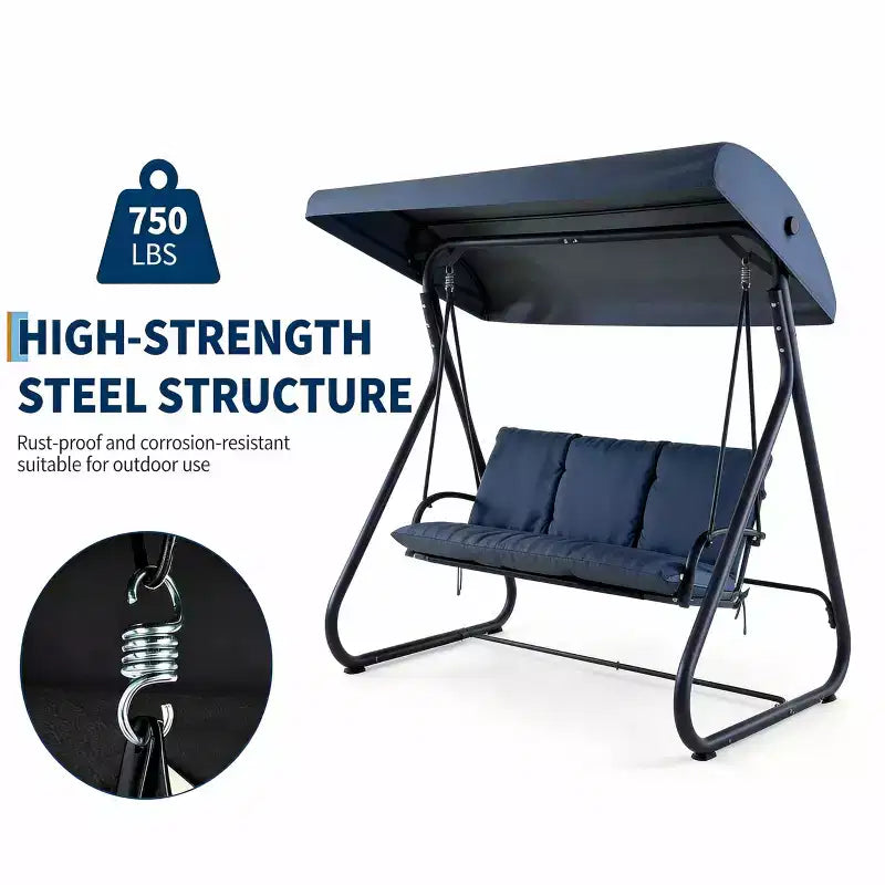 3-Seat Outdoor Convertible Swing Glider, Adjustable Canopy, Heavy-Duty Metal Frame, 750 LBS Weight Capacity, Removable Cushions, for Patio, Backyard