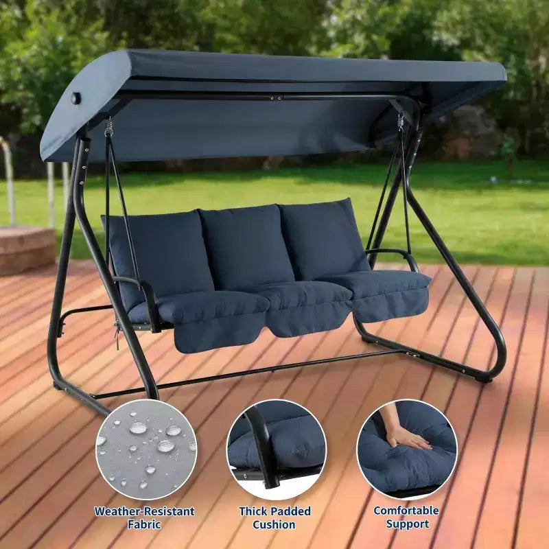 3-Seat Outdoor Convertible Swing Glider, Adjustable Canopy, Heavy-Duty Metal Frame, 750 LBS Weight Capacity, Removable Cushions, for Patio, Backyard