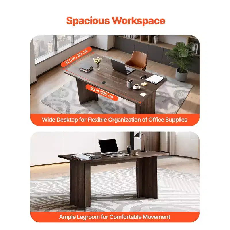 63" Large Modern Executive Desk with Cable Management - Brown